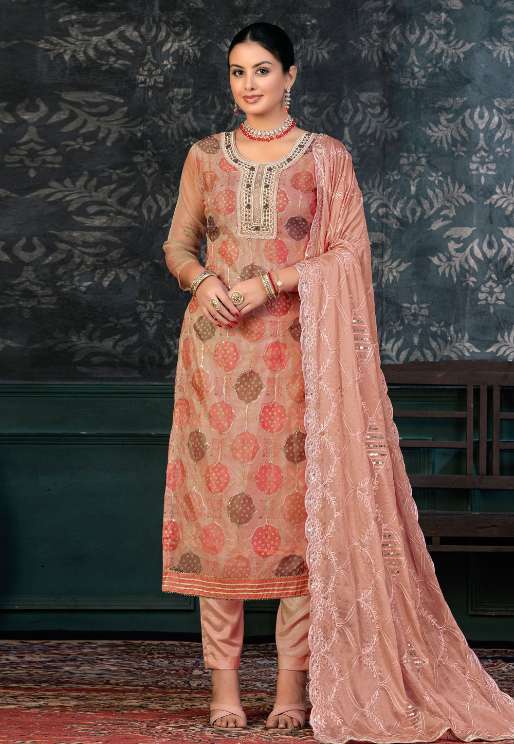 Brown Organza Pant Style Suit 272430