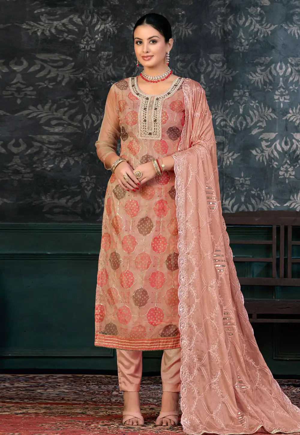 Brown Organza Pant Style Suit 272430