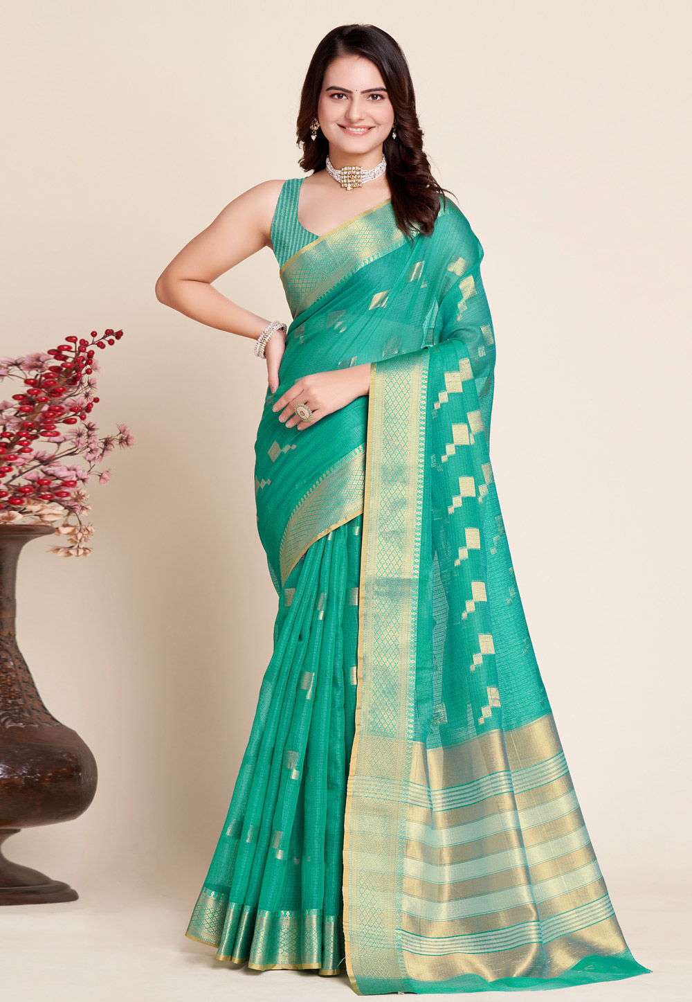 Sea Green Silk Saree With Blouse 273225
