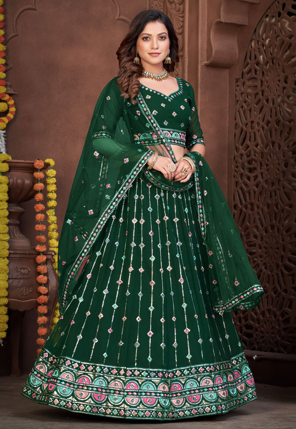 Green Georgette A Line Lehenga Choli 273186