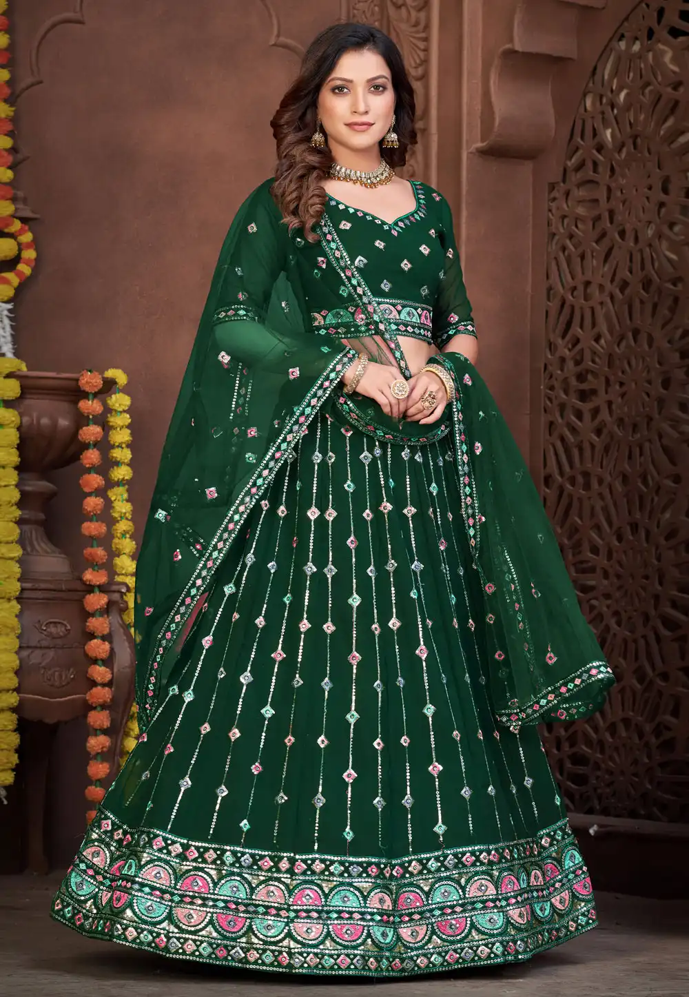 Green Georgette A Line Lehenga Choli 273186
