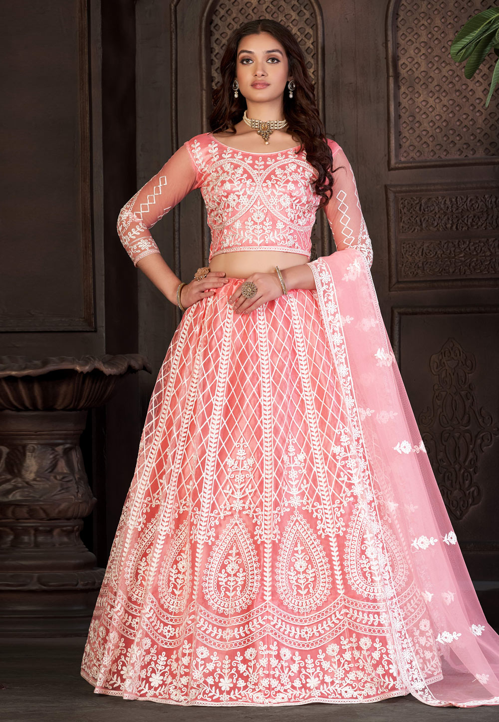 Pink Net A Line Lehenga Choli 273169