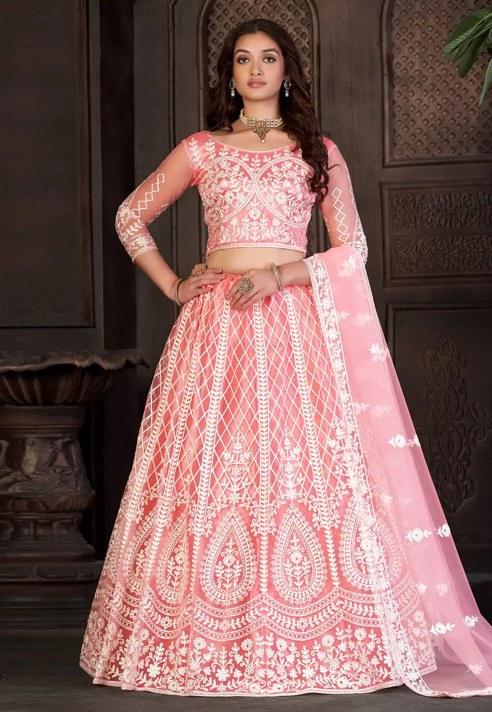 Pink Net A Line Lehenga Choli 273169