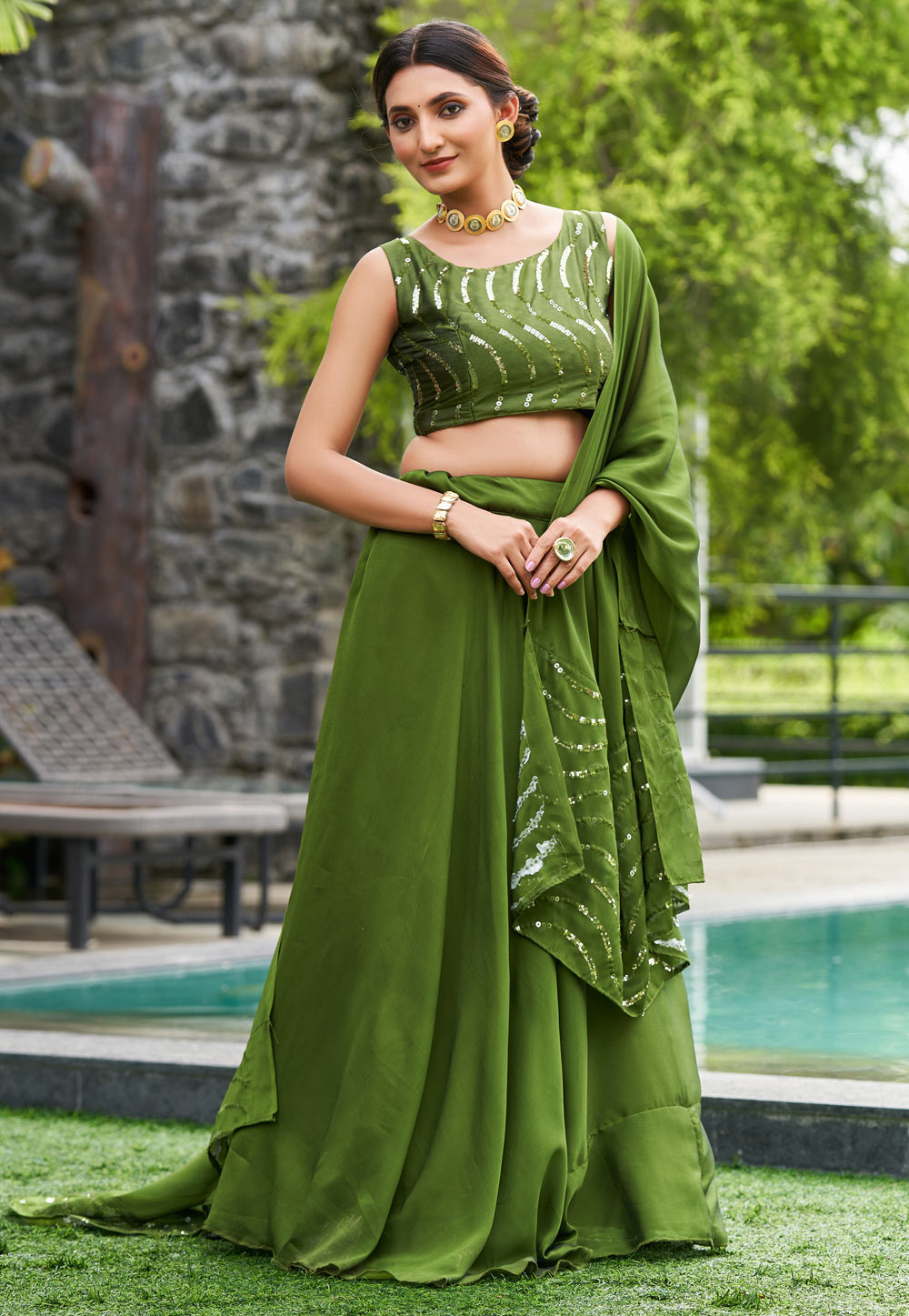 Mehndi Silk A Line Lehenga Choli 273171