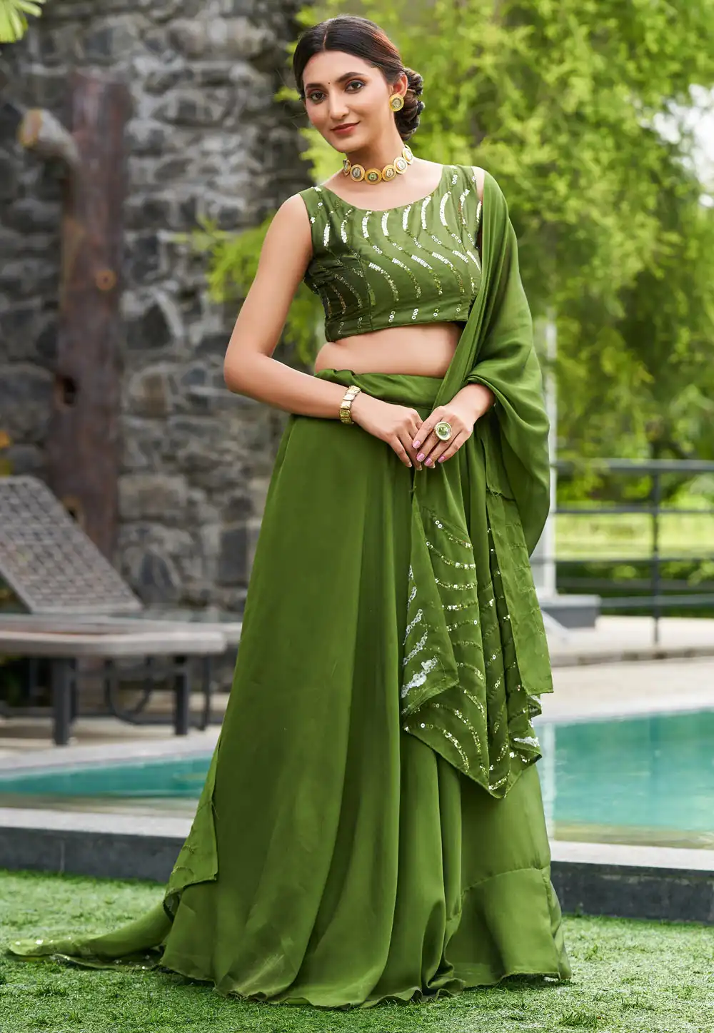 Mehndi Silk A Line Lehenga Choli 273171
