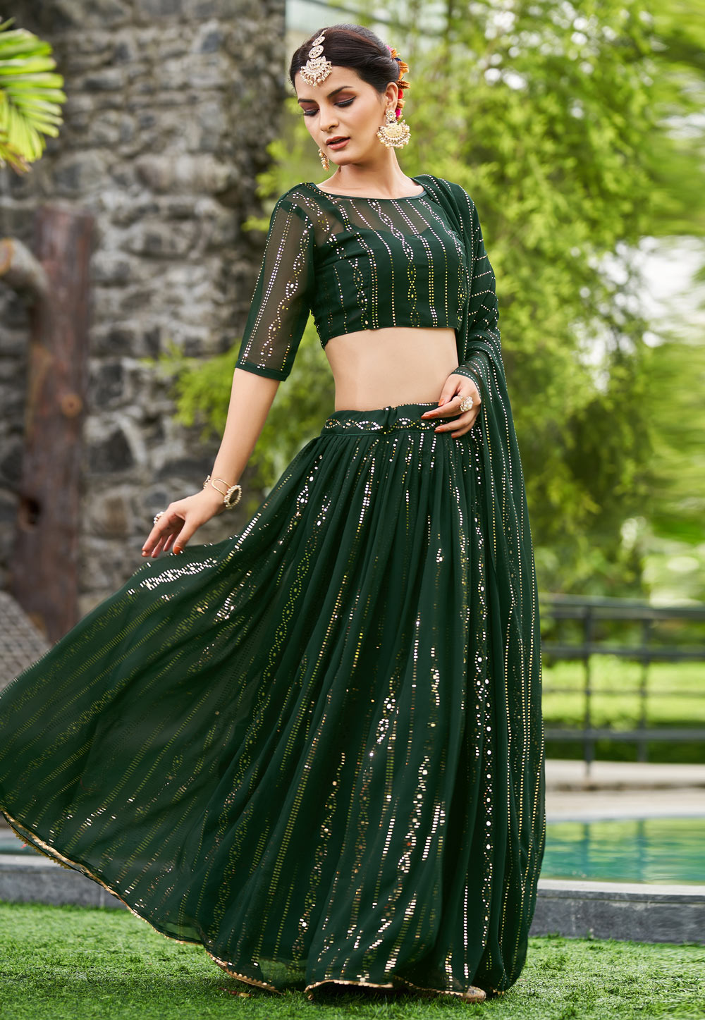 Green Georgette A Line Lehenga Choli 273173