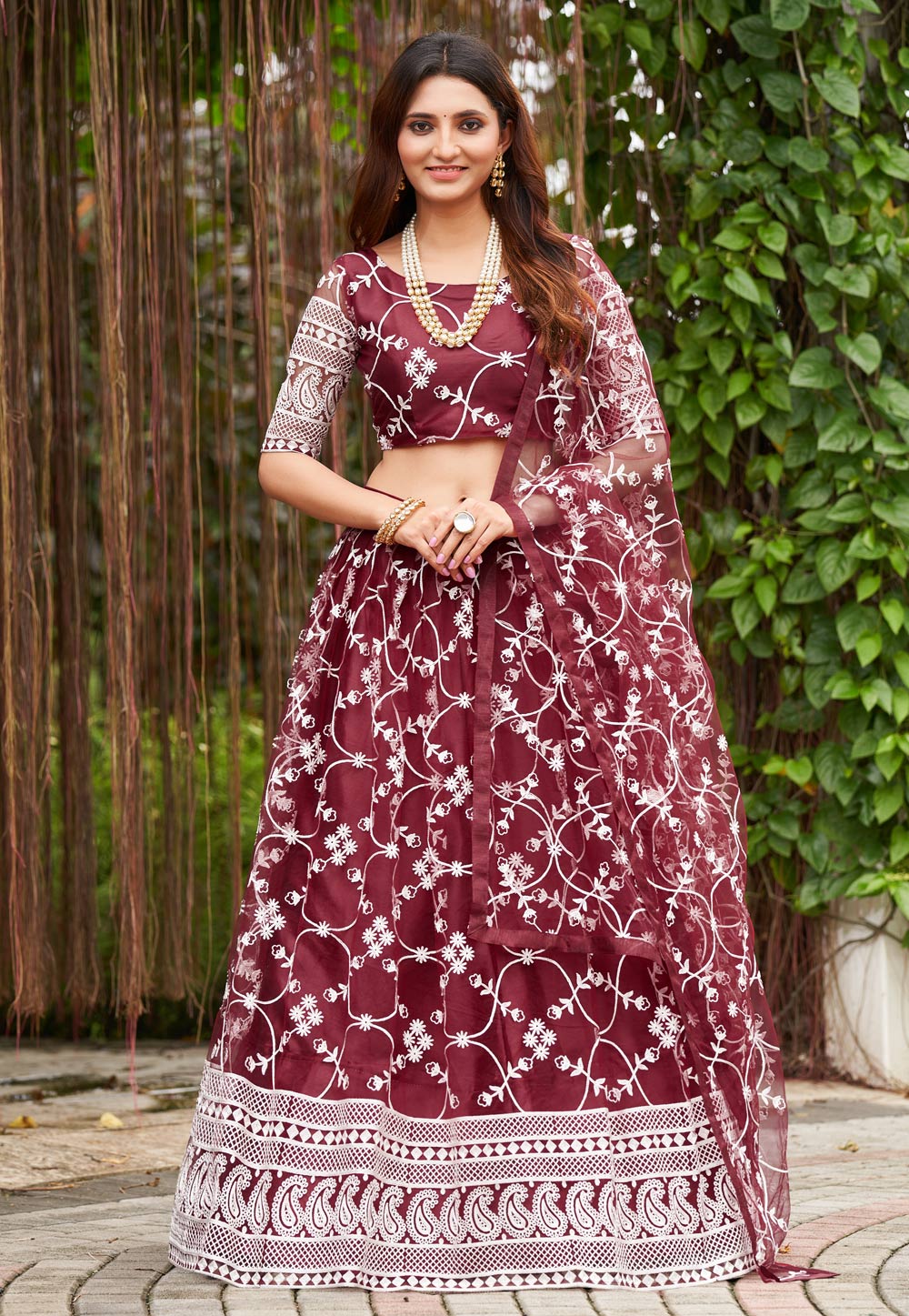 Maroon Net A Line Lehenga Choli 273174