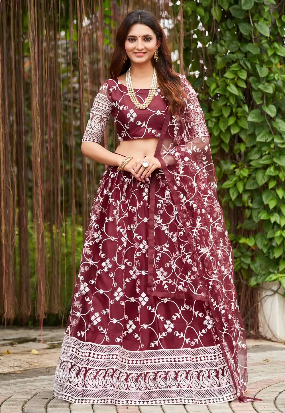 Maroon Net A Line Lehenga Choli 273174