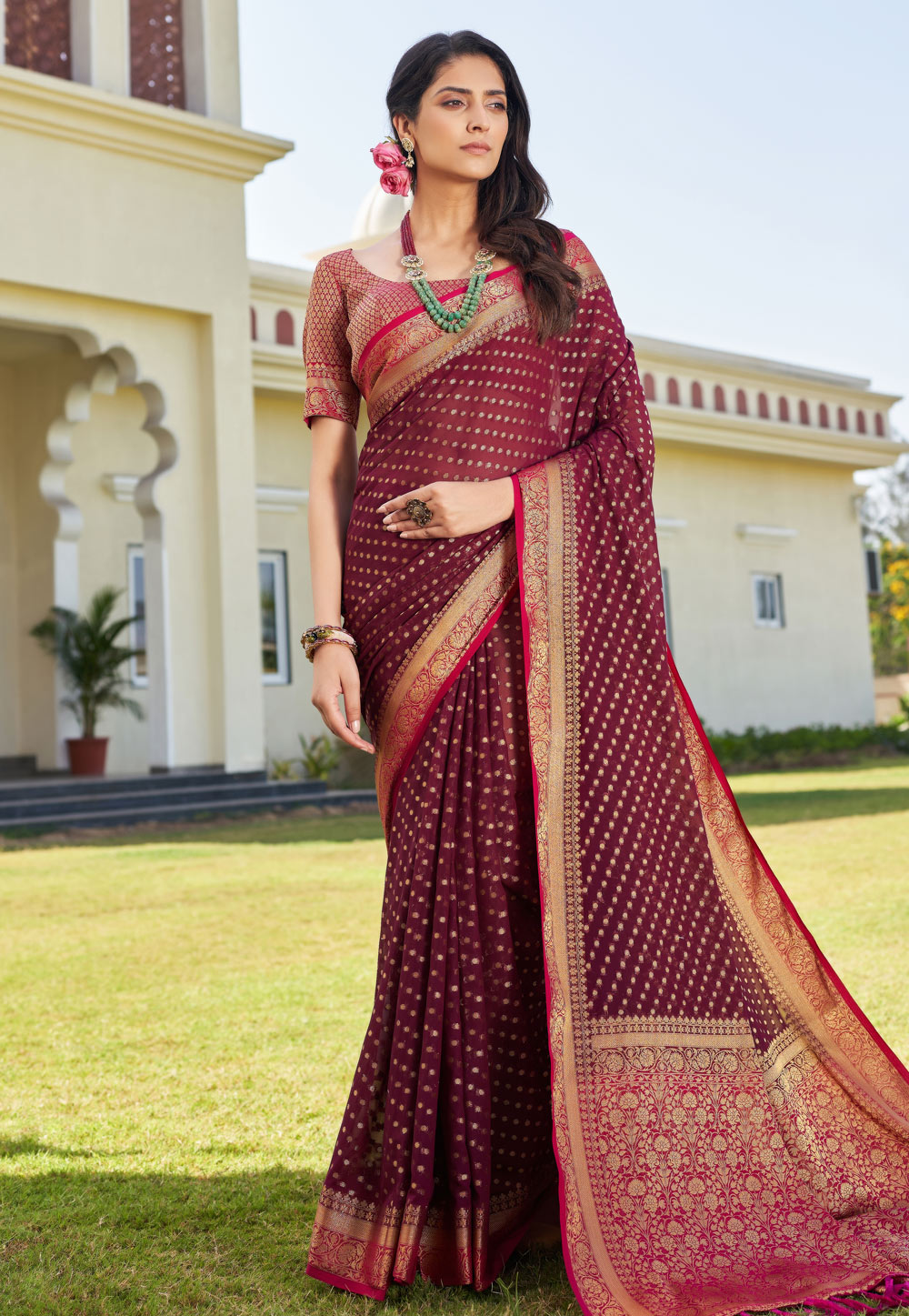 Wine Georgette Saree With Blouse 273299