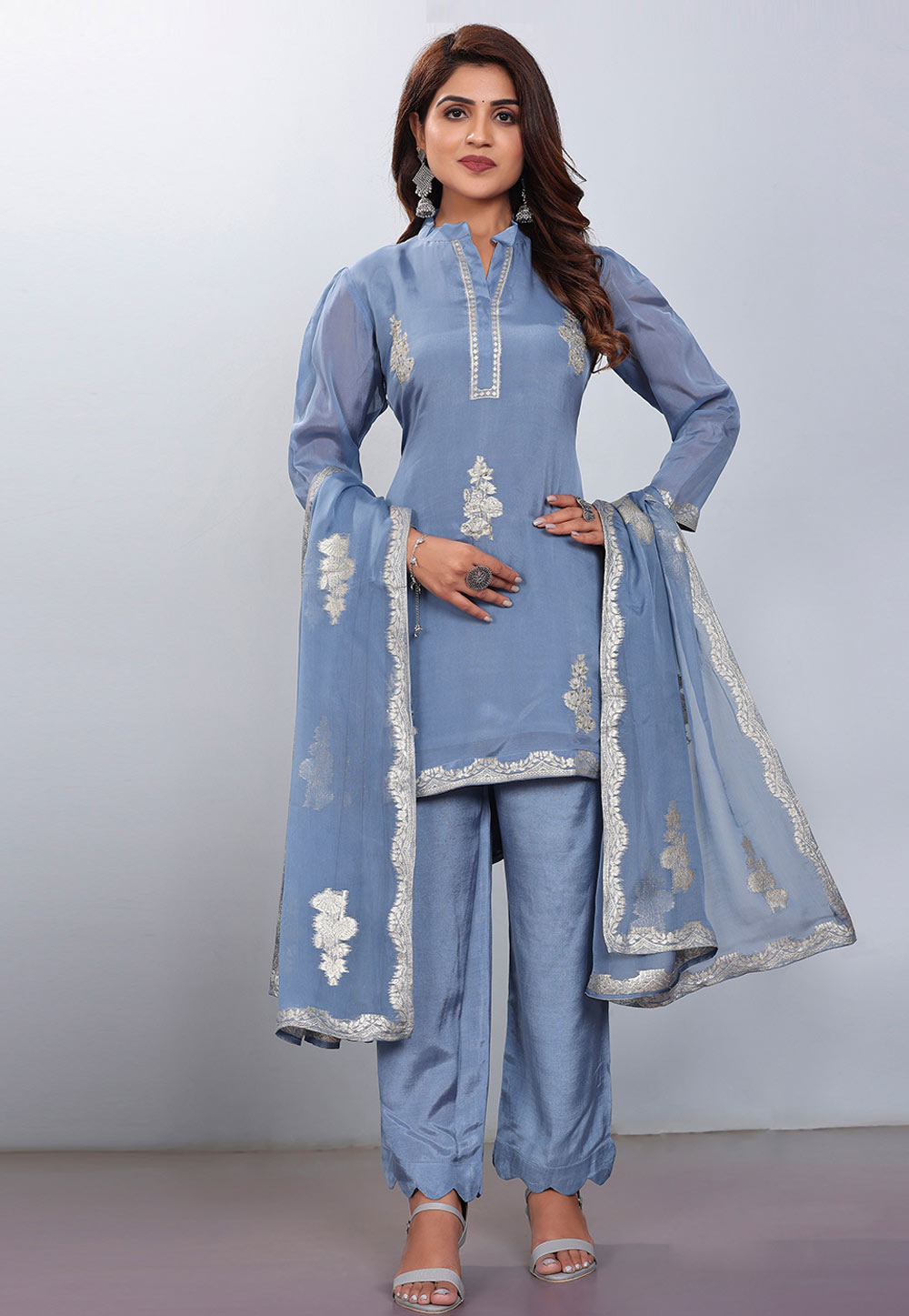 Light Blue Viscose Readymade Pant Style Suit 273471