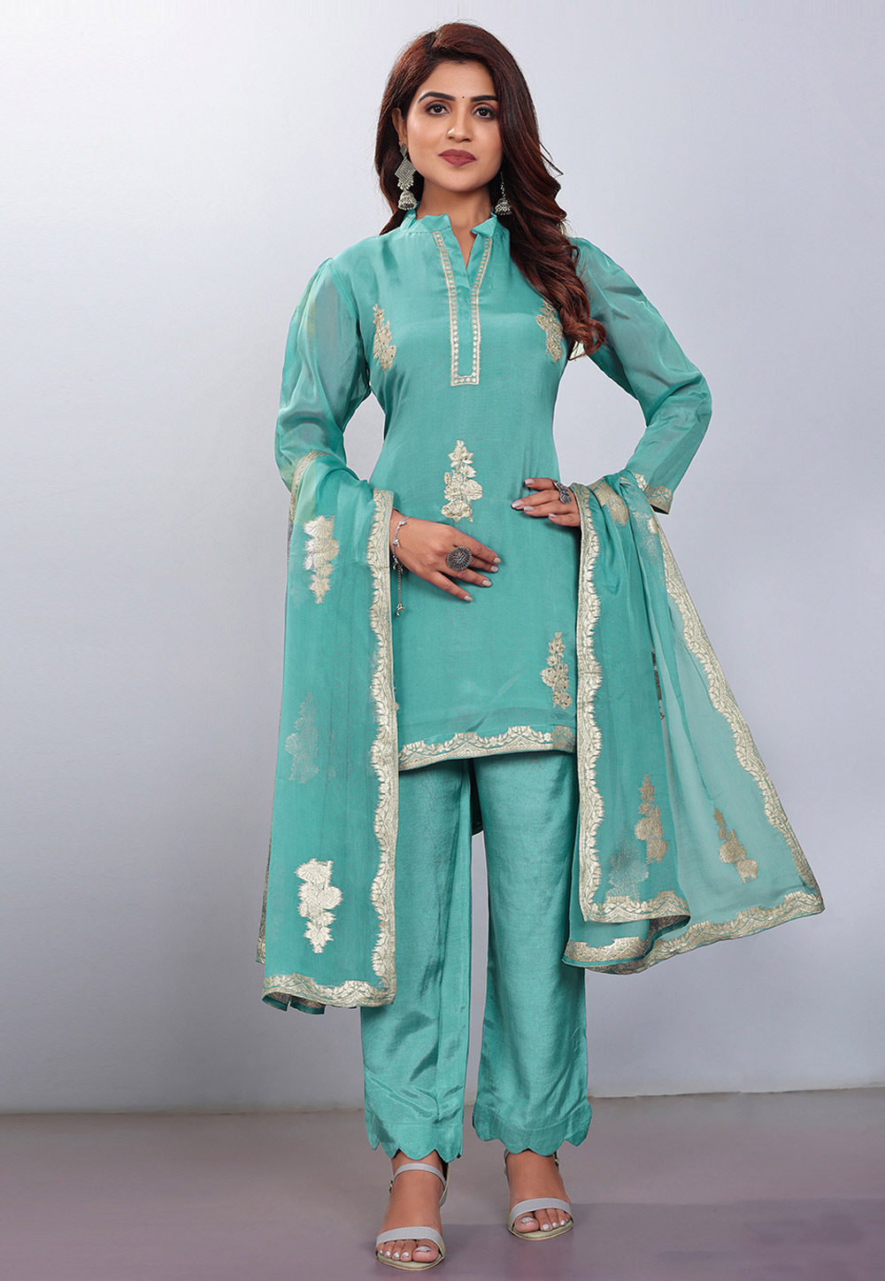 Sea Green Viscose Readymade Pakistani Suit 273476