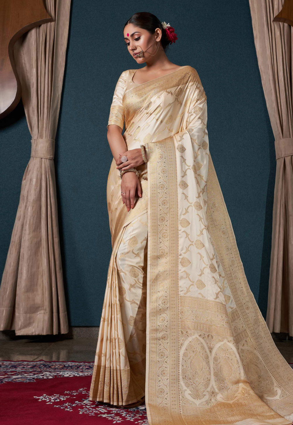 Cream Satin Silk Saree With Blouse 273493