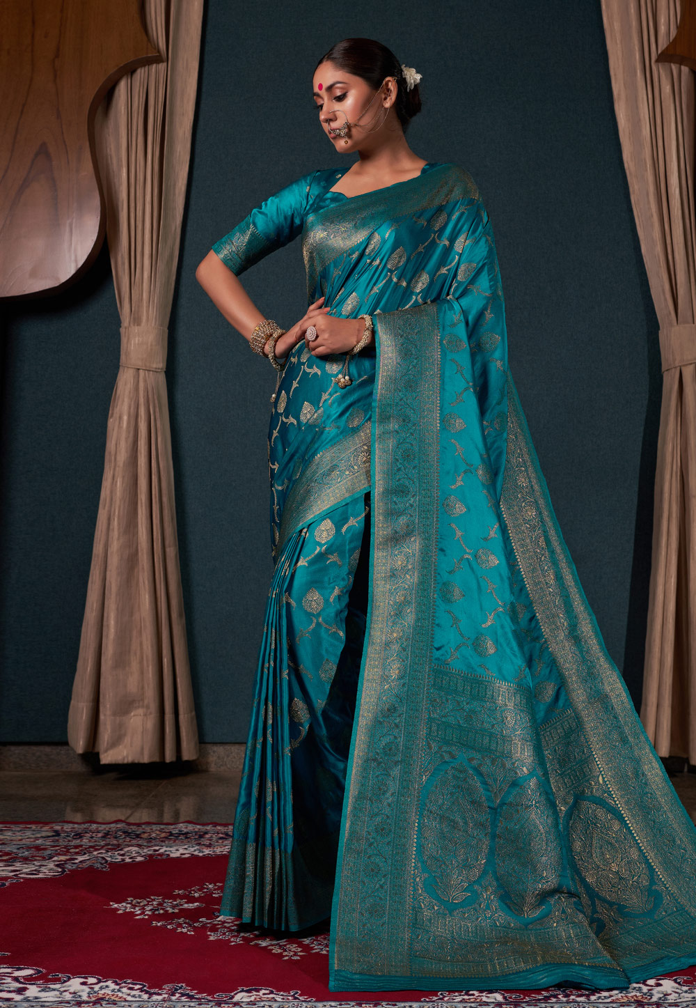 Teal Satin Silk Saree With Blouse 273495
