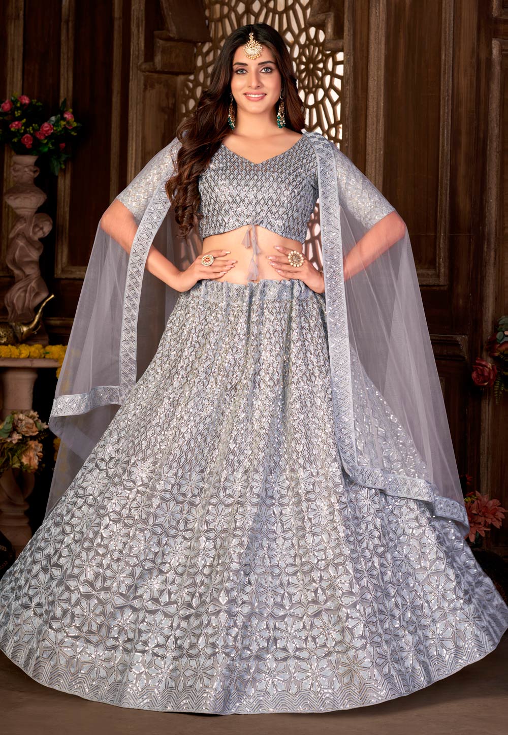 Grey Net Sequin Lehenga Choli Online 273535
