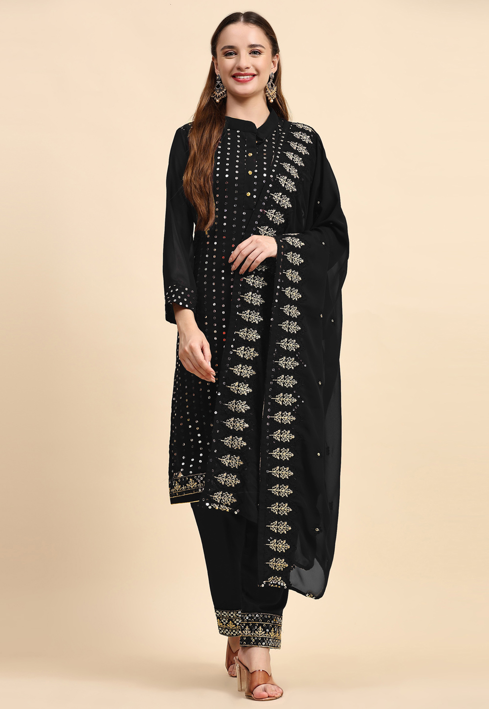 Black Faux Georgette Pant Style Suit 273584