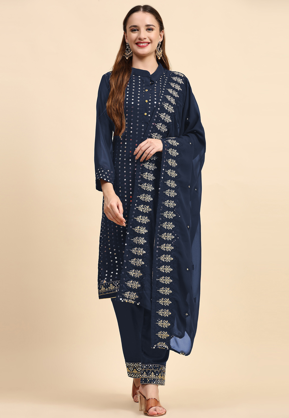 Navy Blue Faux Georgette Pakistani Suit 273585
