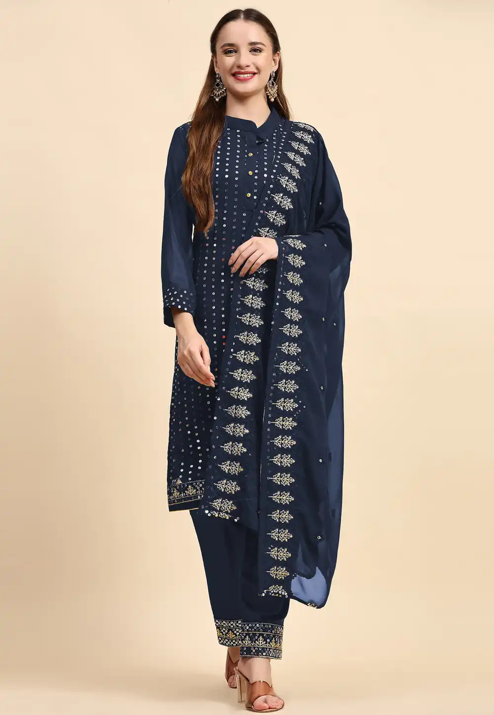 Navy Blue Faux Georgette Pakistani Suit 273585
