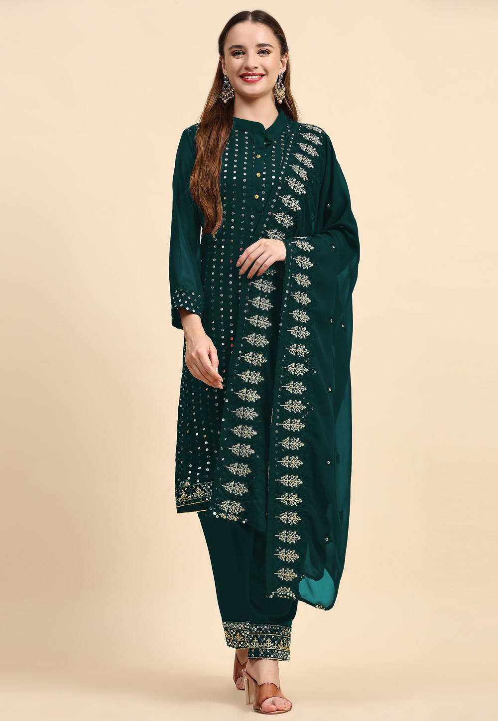 Green Faux Georgette Pant Style Suit 273586