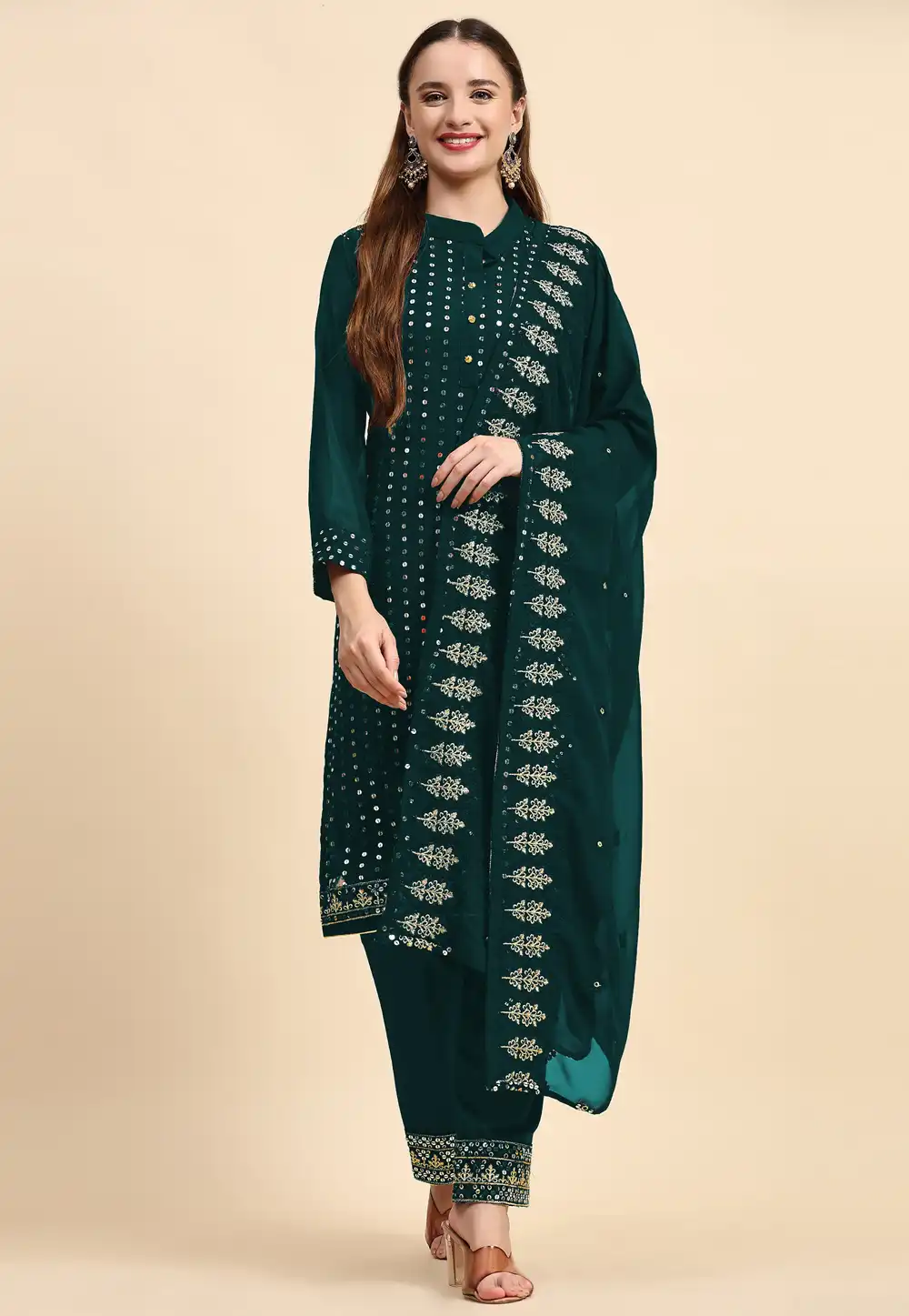 Green Faux Georgette Pant Style Suit 273586