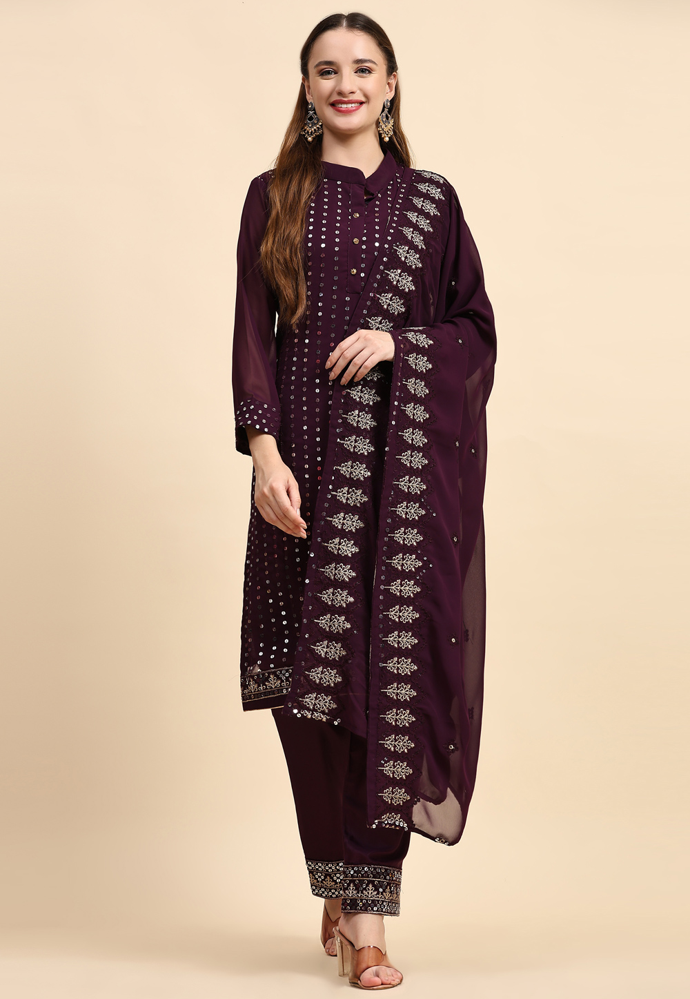 Wine Faux Georgette Pakistani Suit 273587