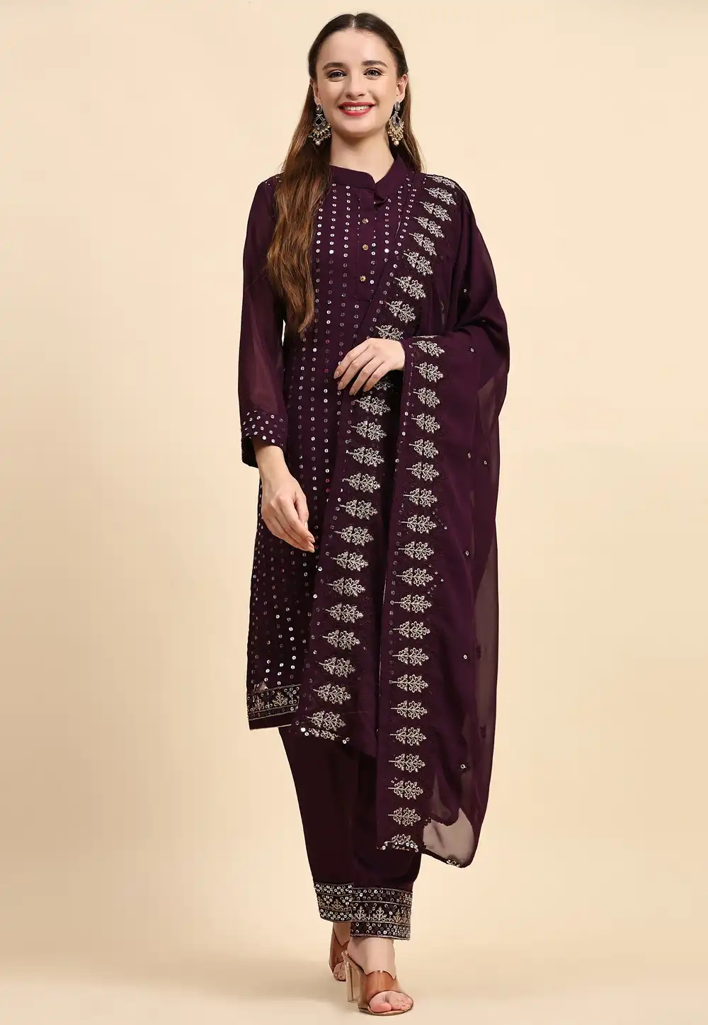 Wine Faux Georgette Pakistani Suit 273587