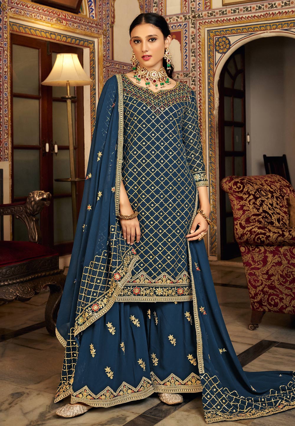 Teal Chinon Pakistani Suit 273417