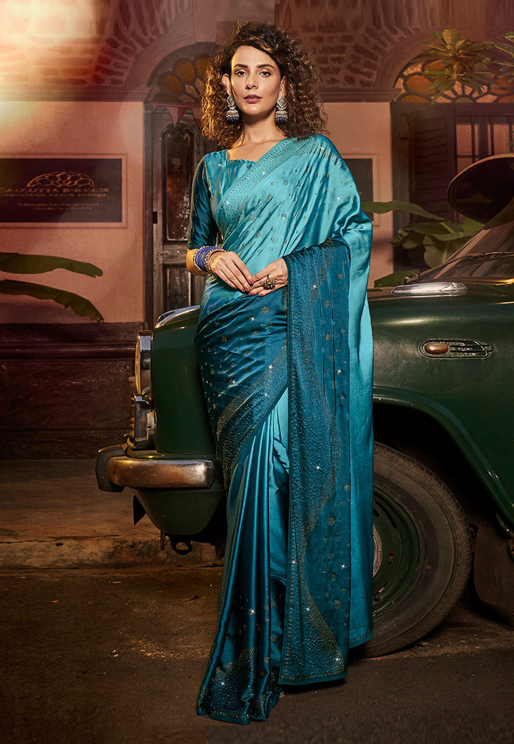 Sky Blue Satin Georgette Half N Half Saree 273919