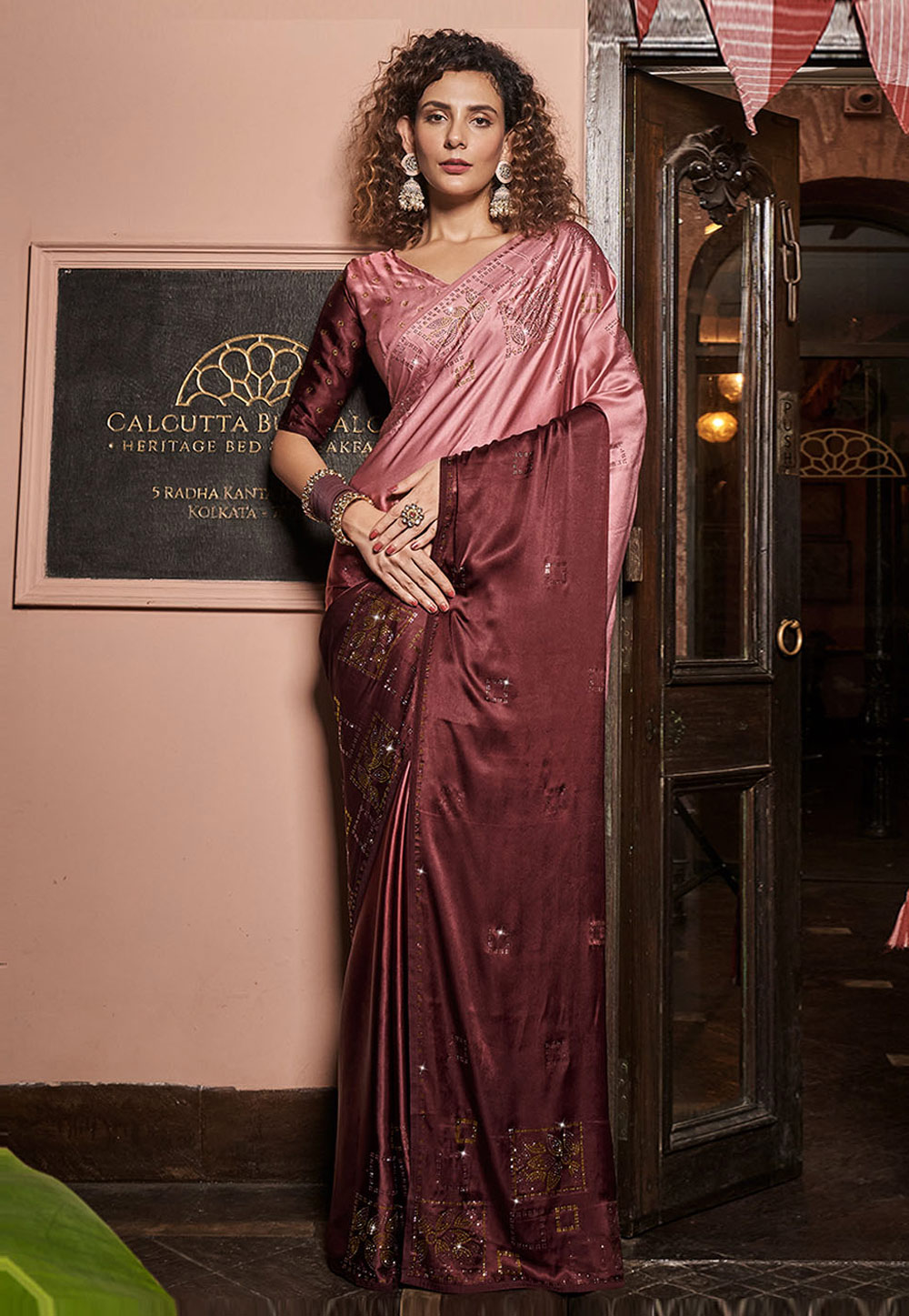 Pink Satin Georgette Half N Half Saree 273923