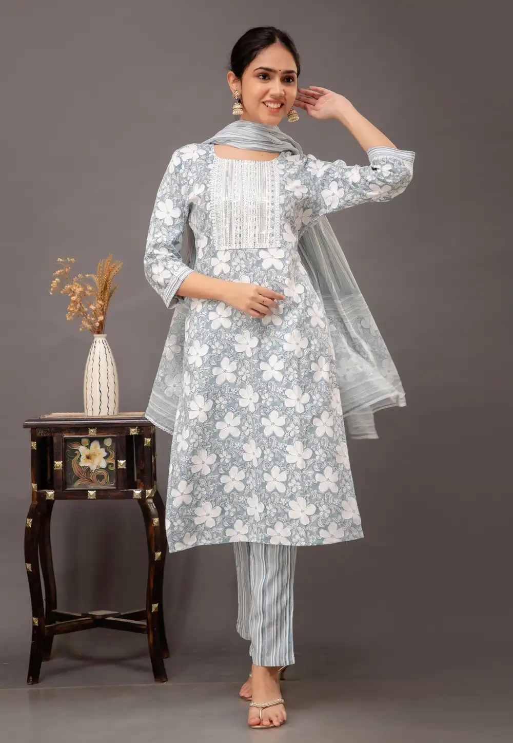 Grey Rayon Readymade Pant Style Suit 273898