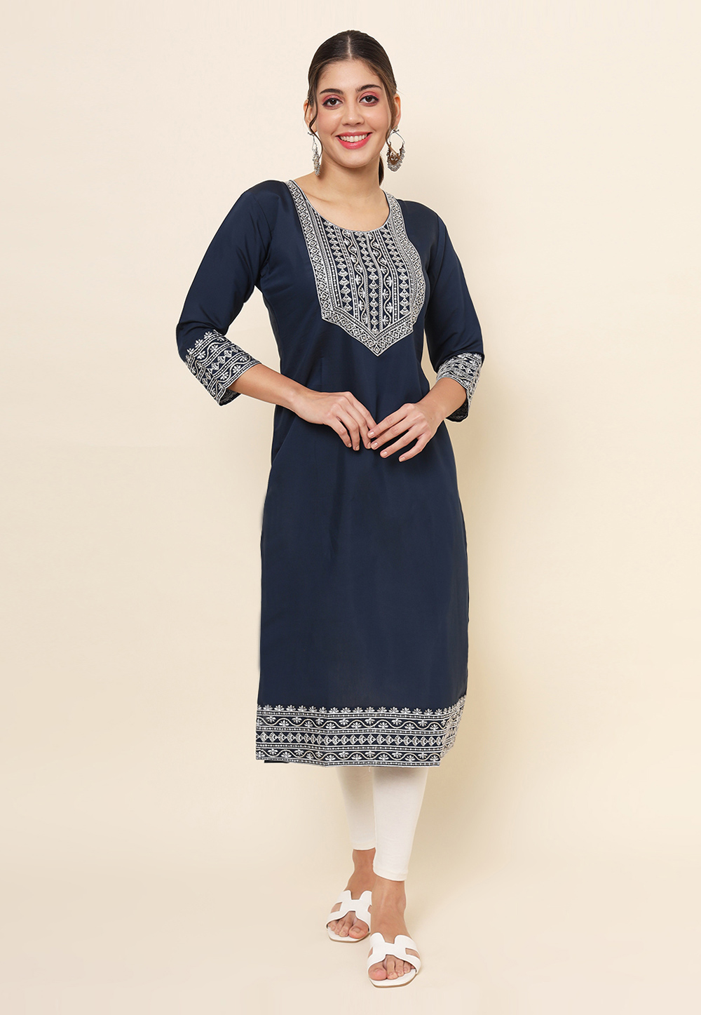 Navy Blue Cotton Long Kurti 273866