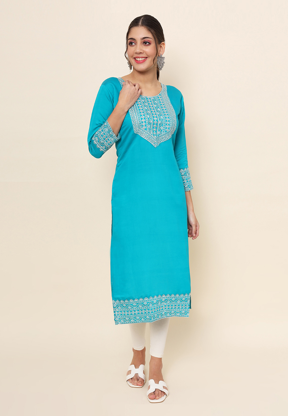 Turquoise Cotton Long Tunic 273869