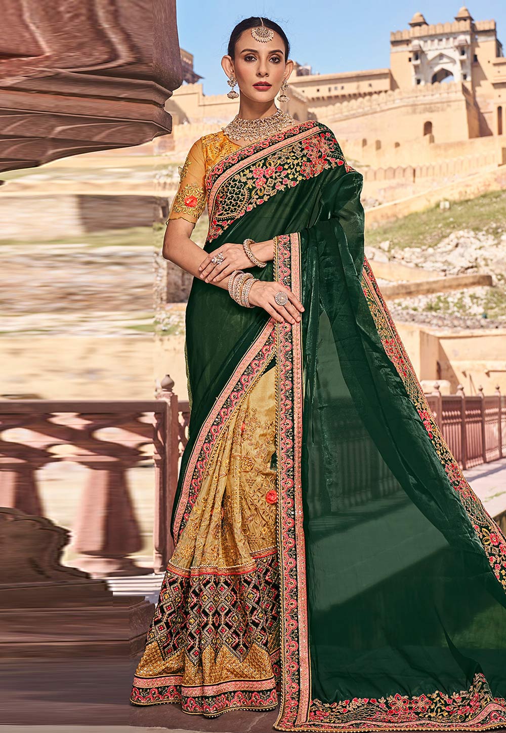 Green Jacquard Saree With Blouse 275056