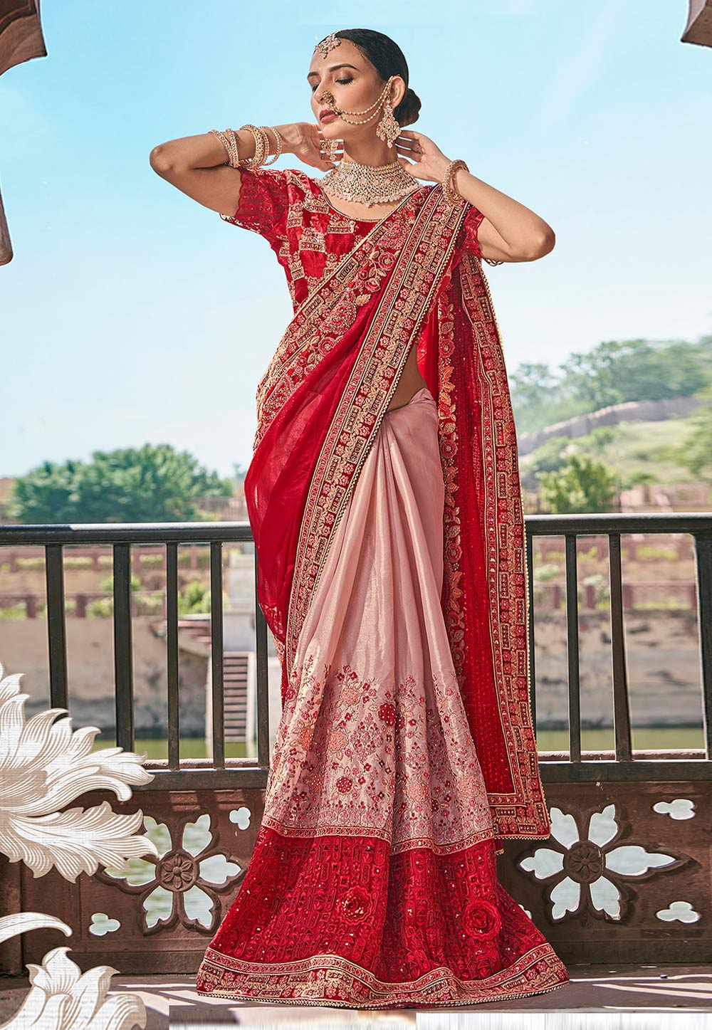 Red Jacquard Half N Half Saree 275057