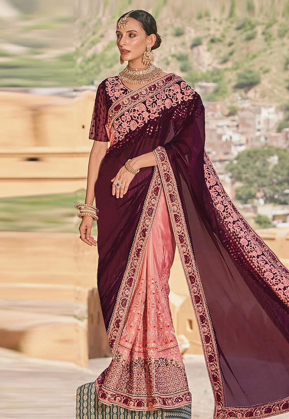 Wine Jacquard Saree With Blouse 275058