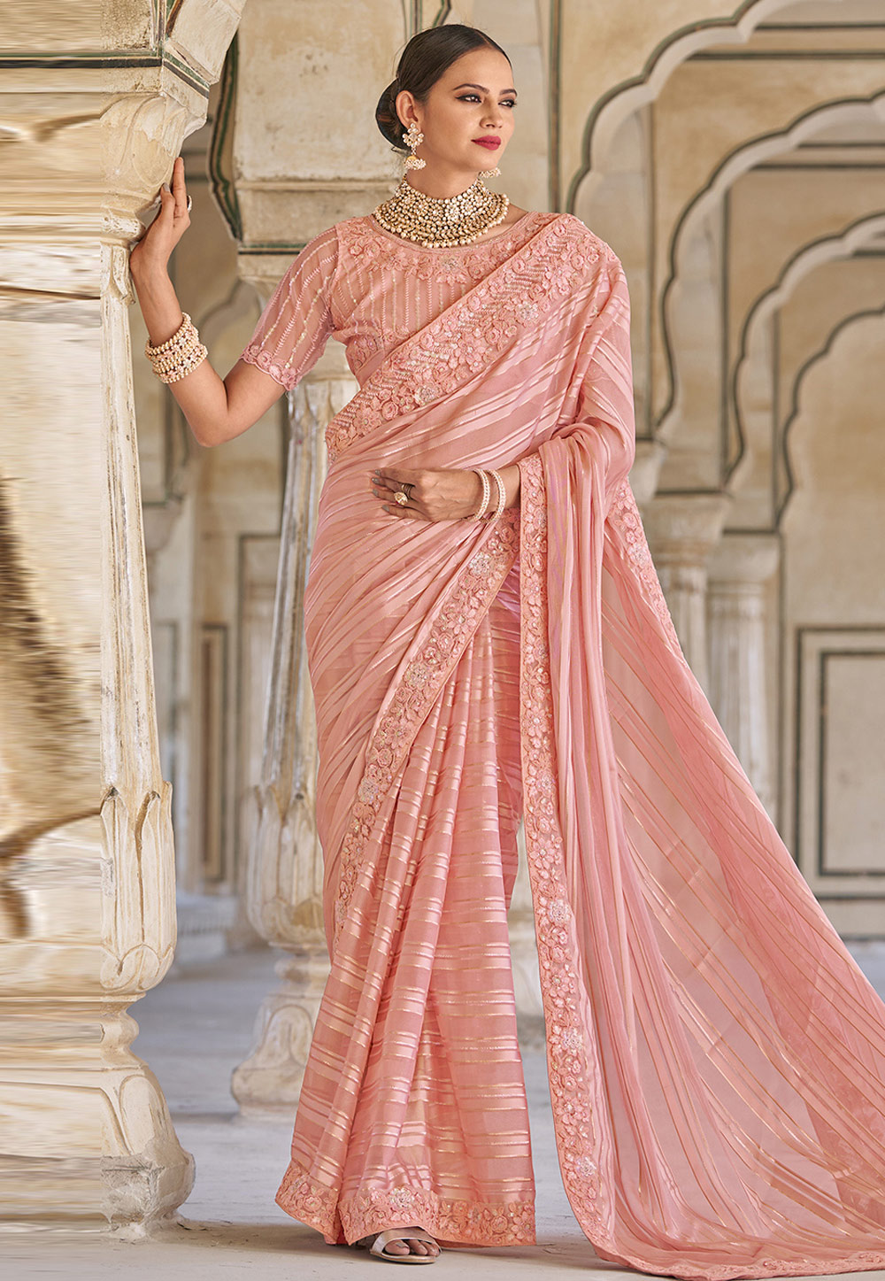 Peach Jacquard Saree With Blouse 275059