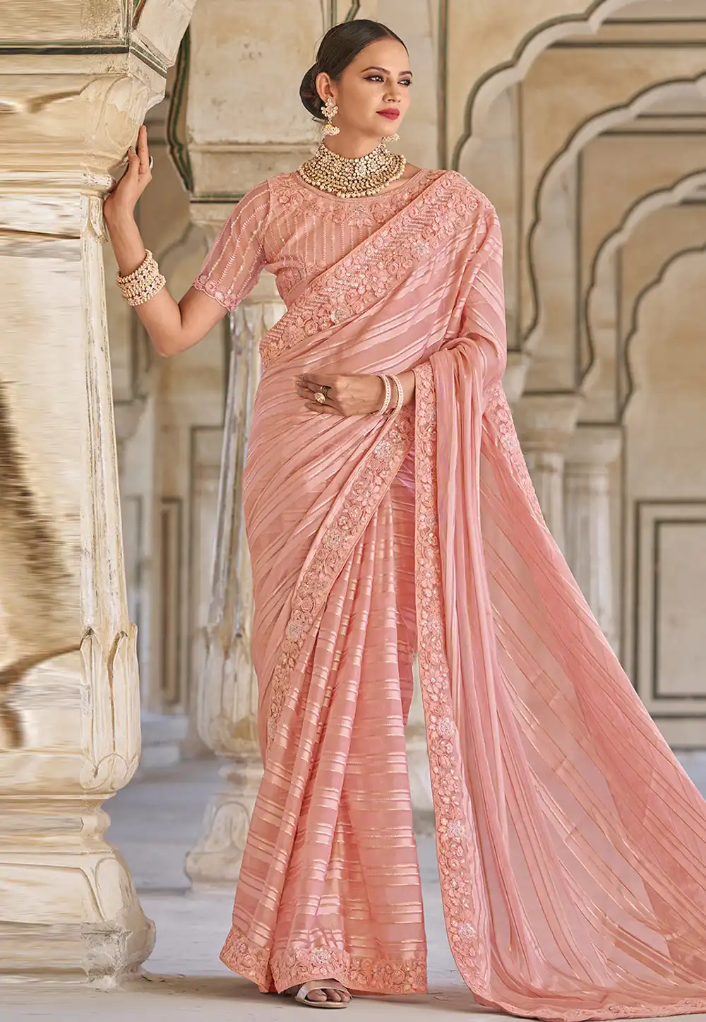 Peach Jacquard Saree With Blouse 275059