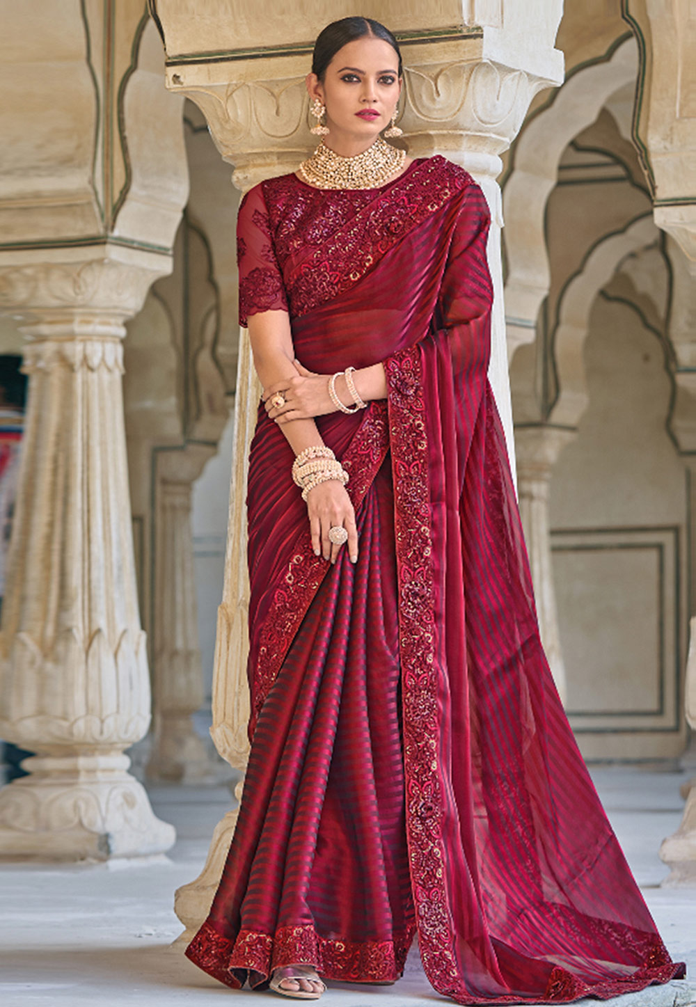 Maroon Jacquard Saree With Blouse 275061