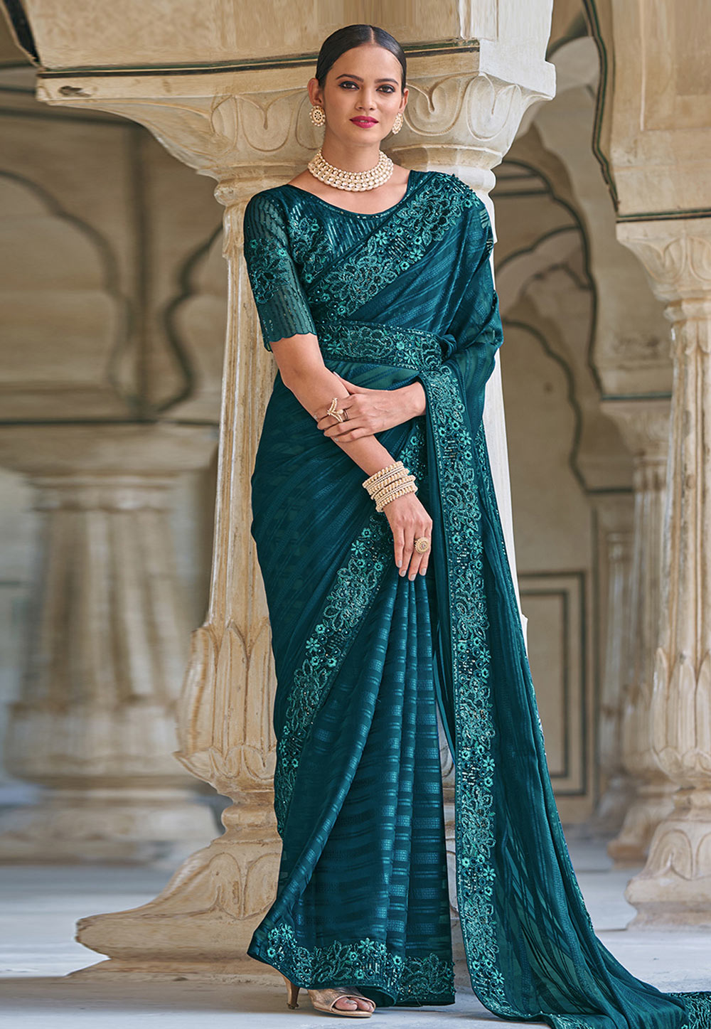 Teal Jacquard Saree With Blouse 275062