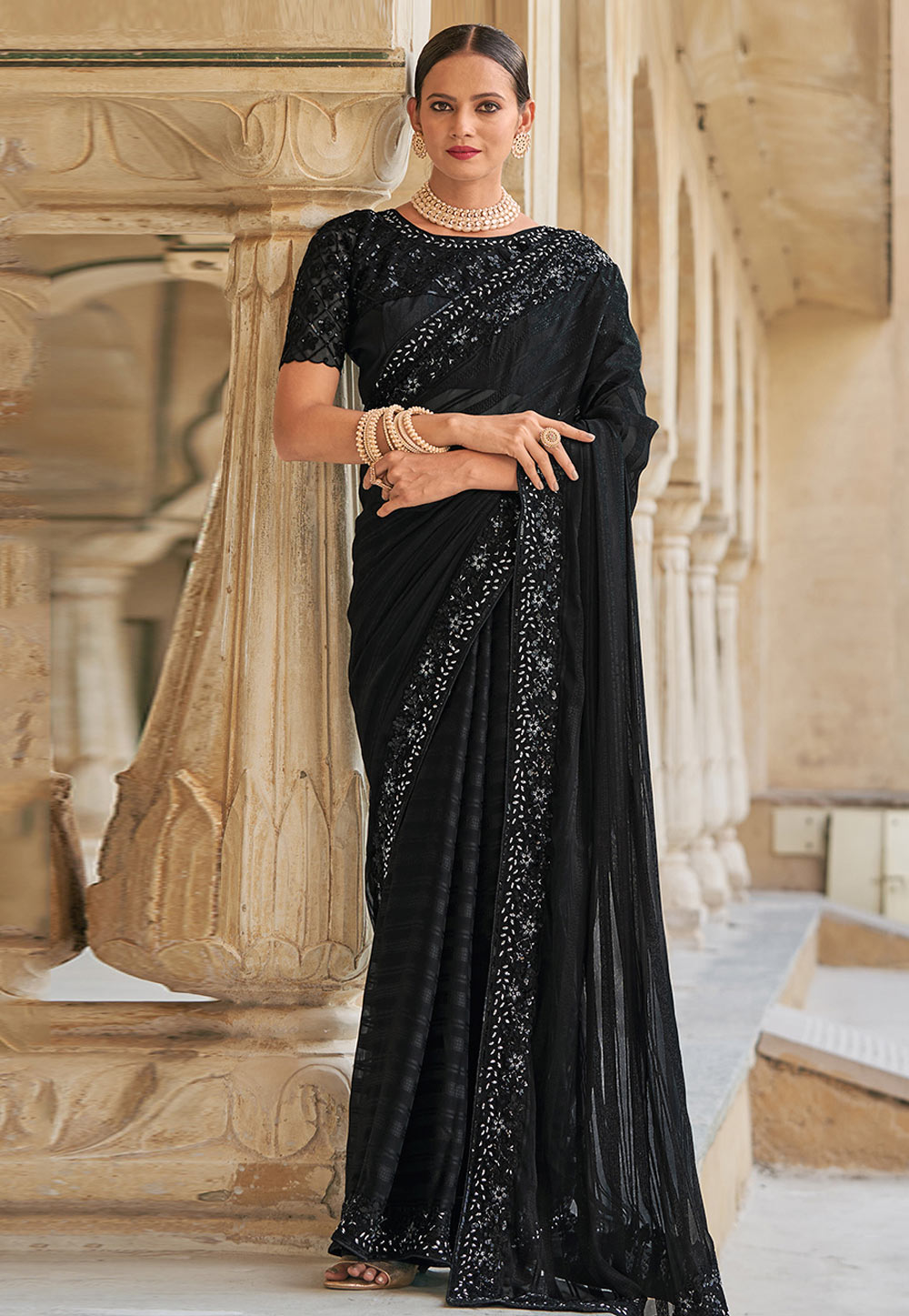 Black Jacquard Saree With Blouse 275063