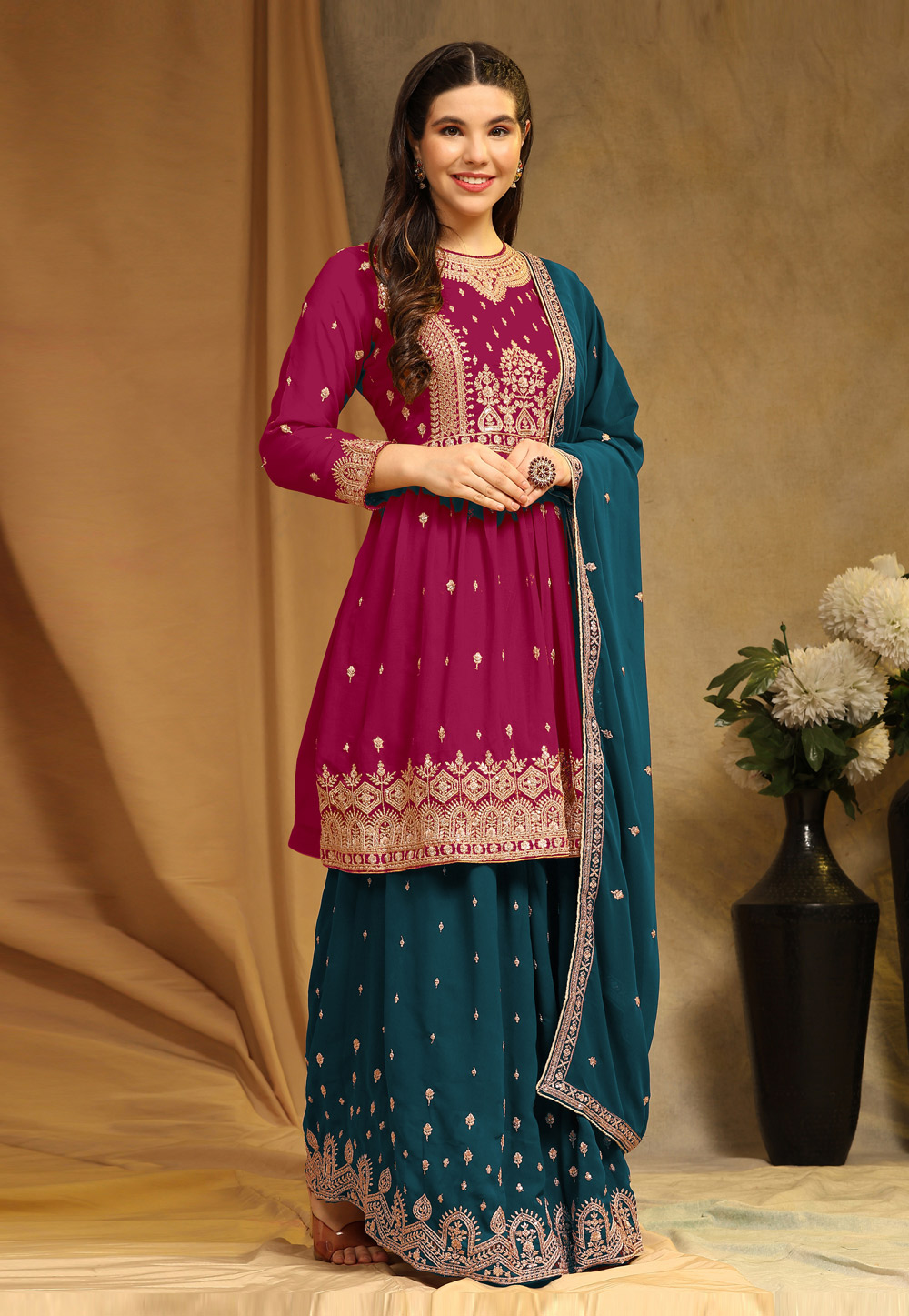 Teal Faux Georgette Long Choli Lehenga 275955
