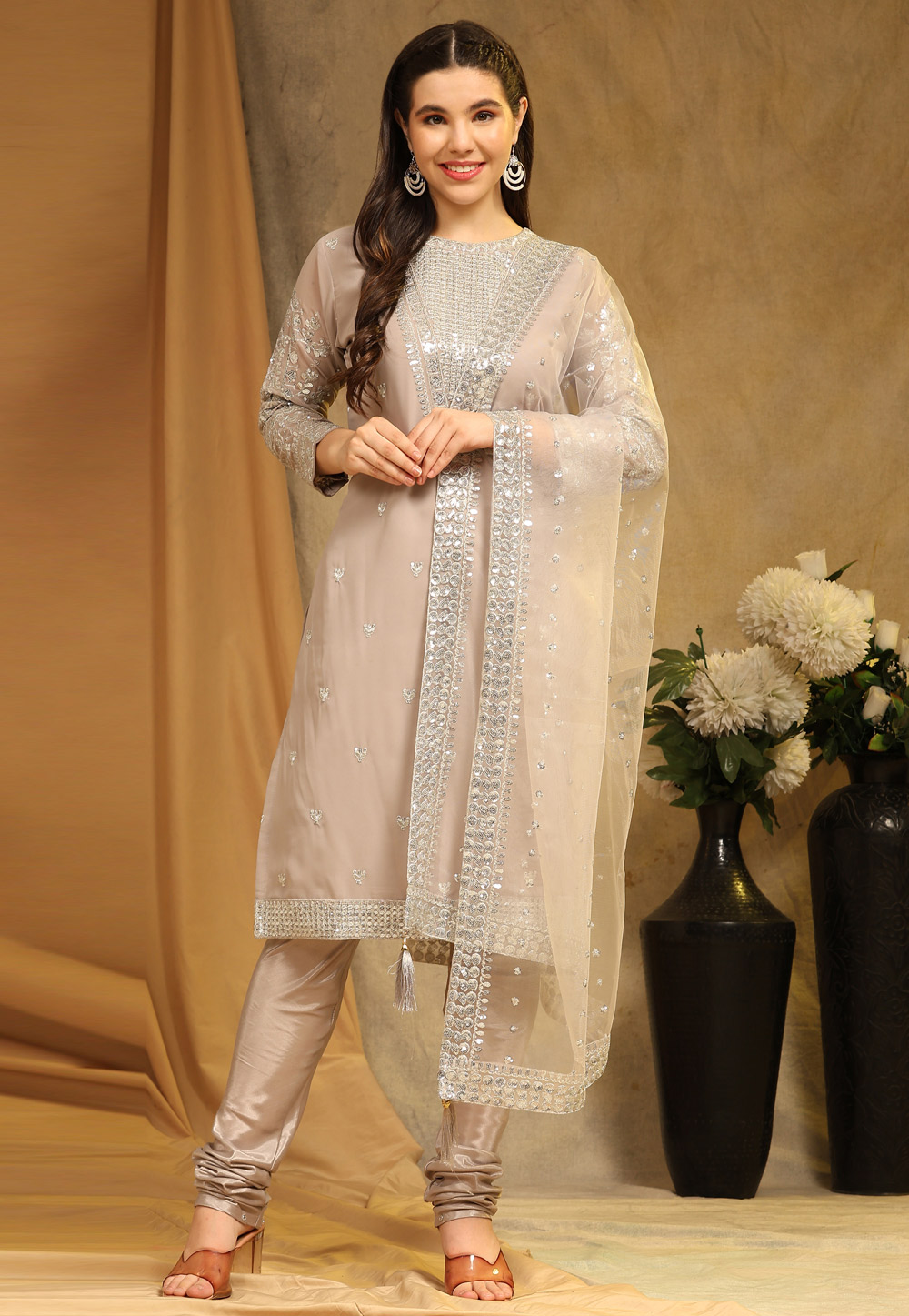Beige Faux Georgette Churidar Suit 276987