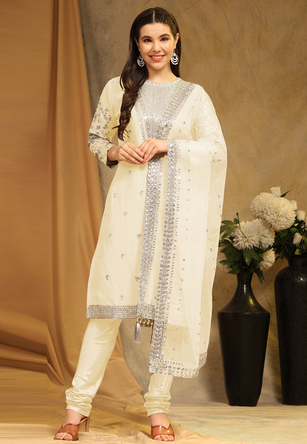 Cream Faux Georgette Churidar Suit 276988