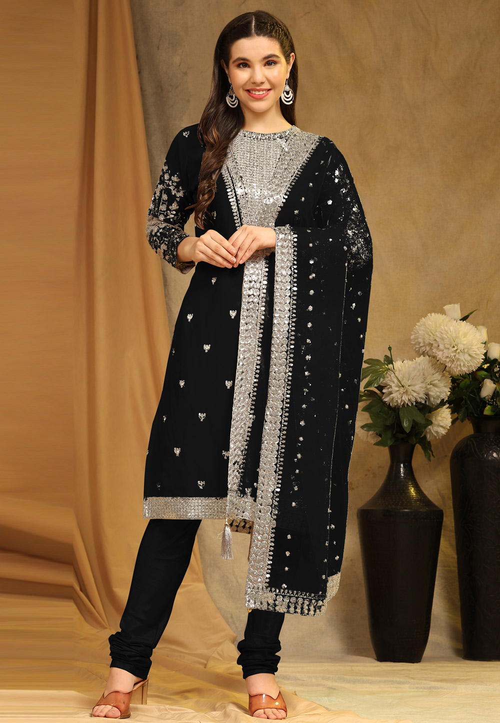 Black Faux Georgette Churidar Suit 276990