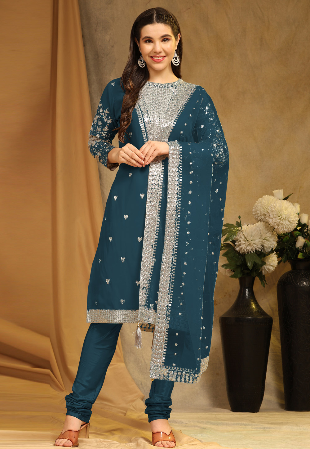 Teal Faux Georgette Churidar Suit 276991