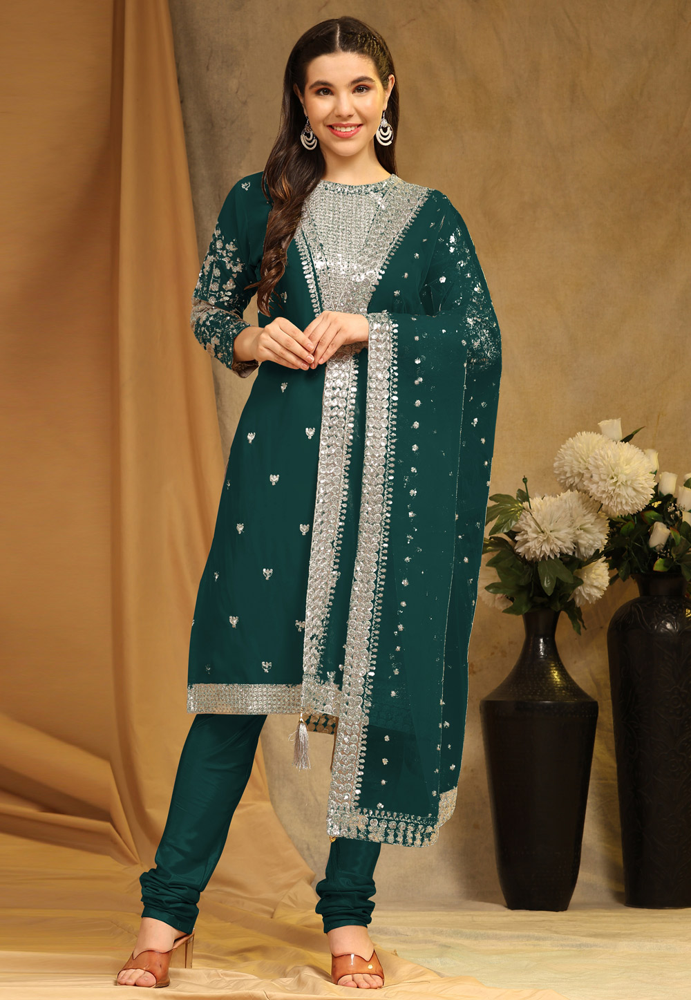 Green Faux Georgette Churidar Suit 276993