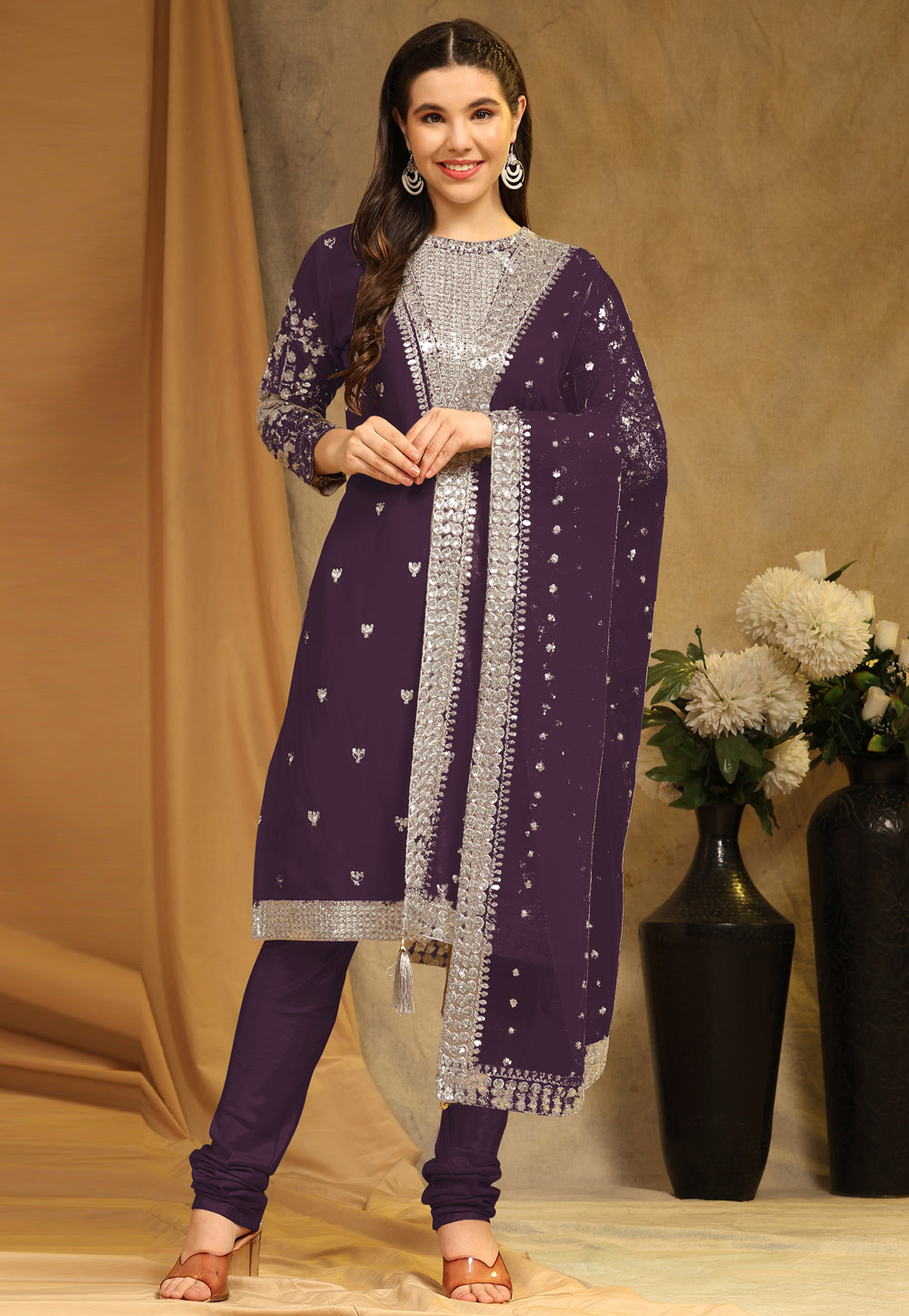 Wine Faux Georgette Churidar Suit 276994