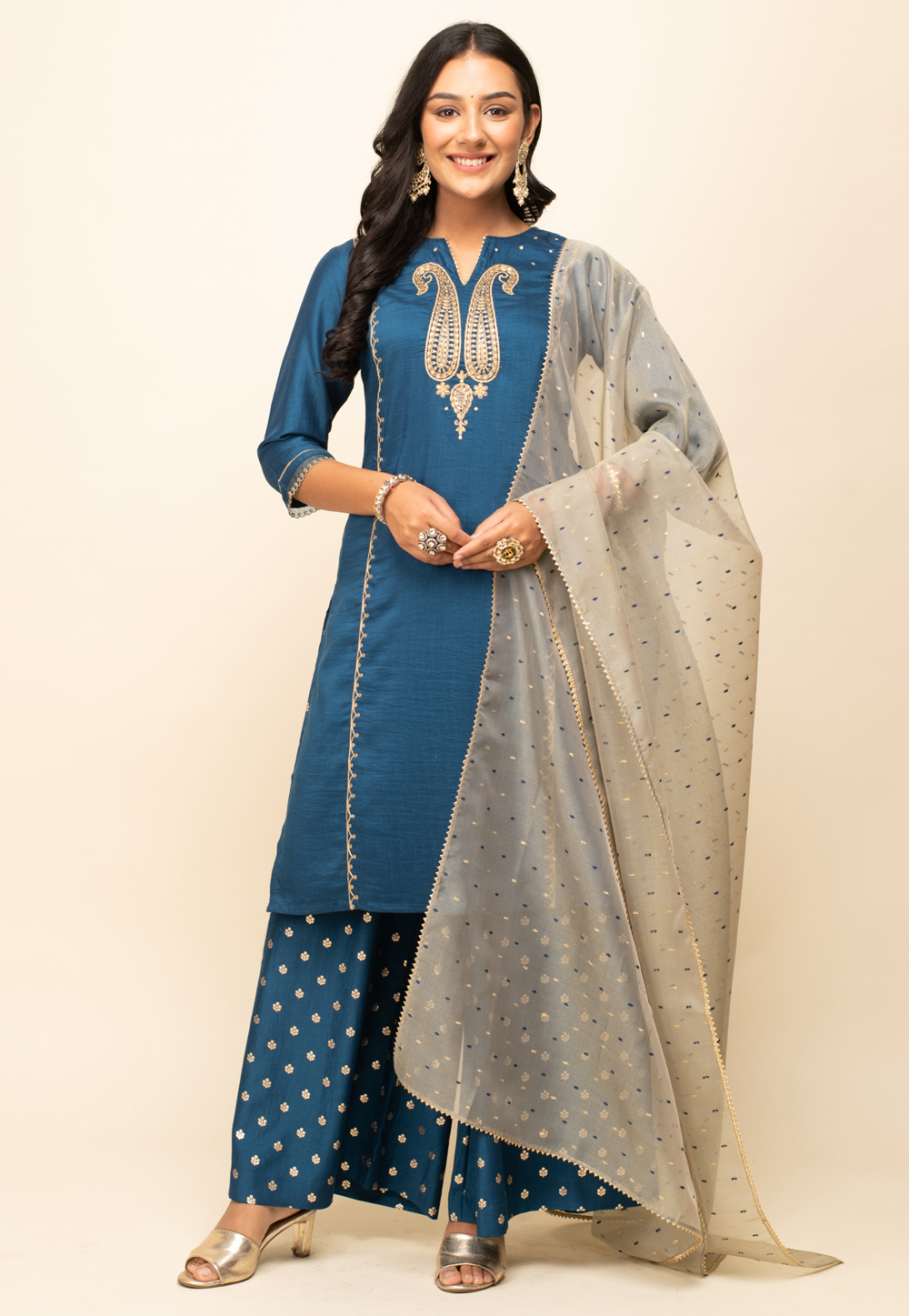 Teal Silk Readymade Palazzo Suit 277078