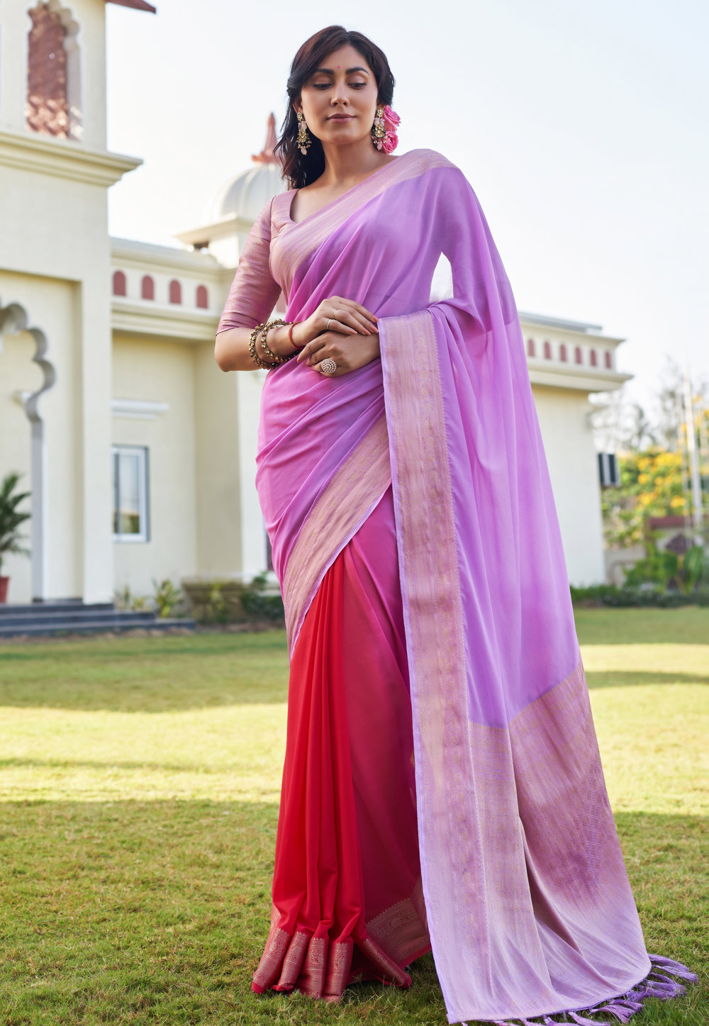 Lavender Georgette Half N Half Saree 277601