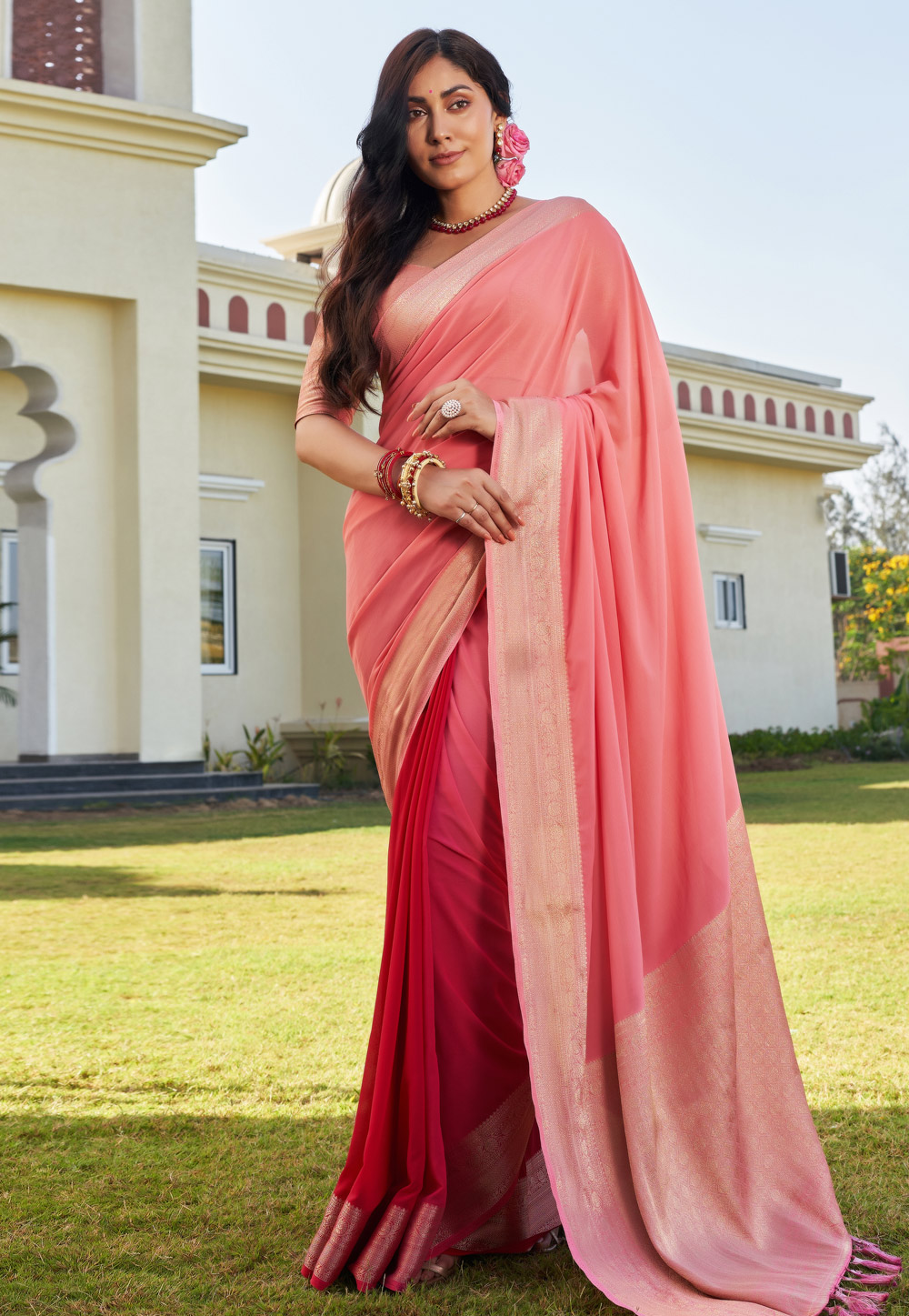 Peach Georgette Half N Half Saree 277603