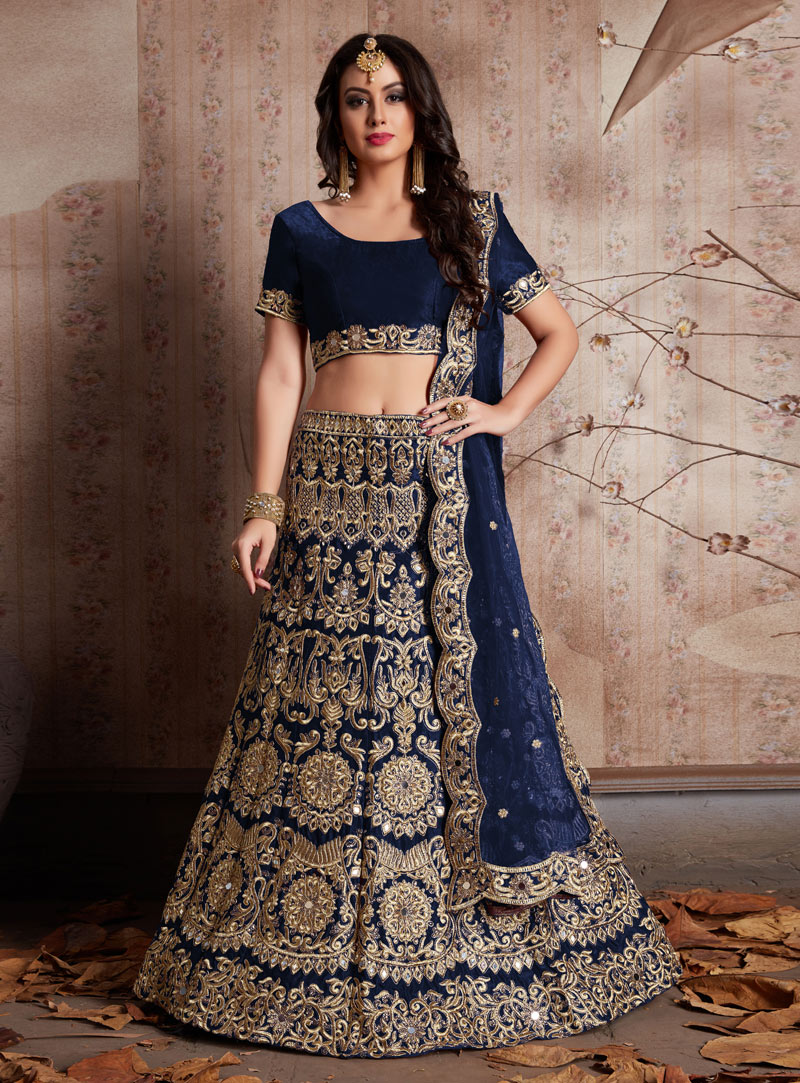 Navy Blue Velvet Silk Bridal Lehenga Choli 137070